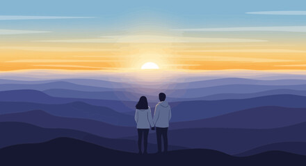 Couple Watching A Majestic Sunrise Over Layered Mountains Serene Vista