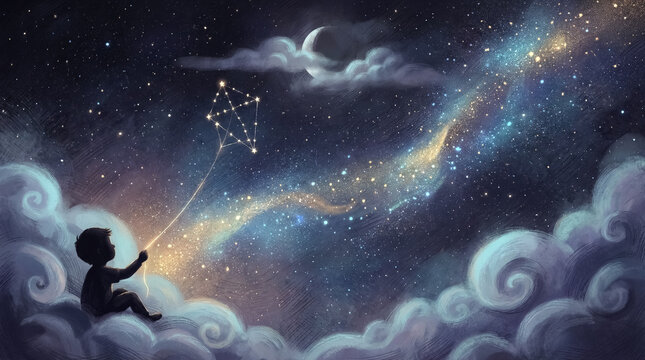 Dreamy child sitting on clouds flying a constellation kite in starry sky
