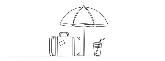 beach umbrella with suitcase and drink in line art style