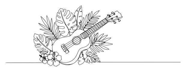 Fototapeta premium ukulele with tropical leaves in decorative line art