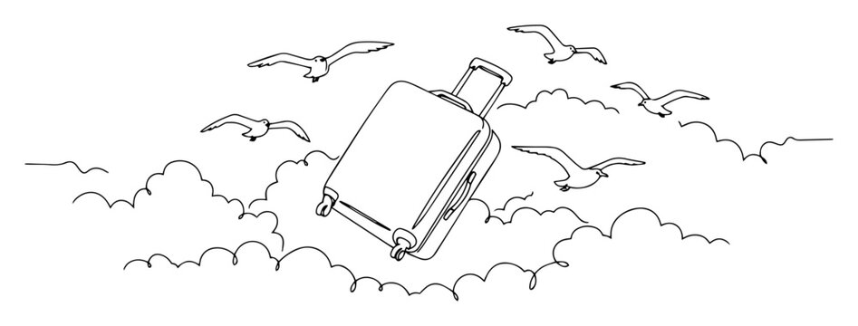 suitcase flying in the clouds with birds in line drawing