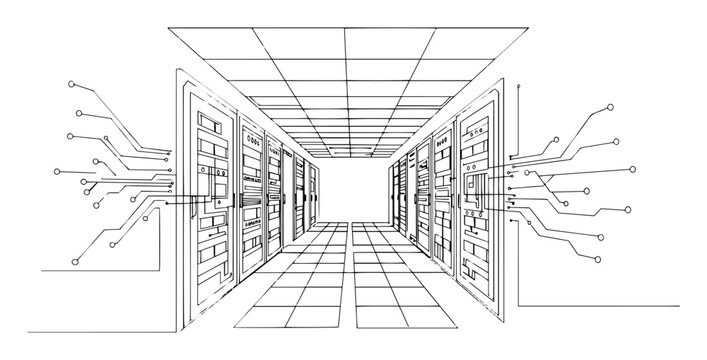 data server room with digital circuit lines in perspective