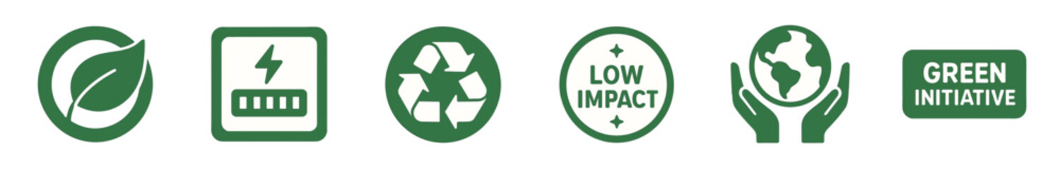 Obraz premium Set of green environmental icons for sustainability, including symbols for recycling, renewable energy, low impact, and eco-friendly initiatives presented in a simple flat design
