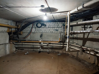 Fototapeta premium Basement with plumbing and heating pipes