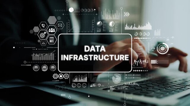 Focused Professional Engaging with Data Infrastructure Concepts Over a Laptop in a Modern Office Environment. Asymptotic smart data analytic.