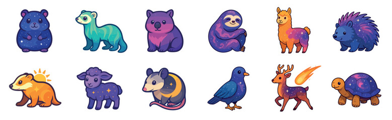 Obraz premium Set of twelve cute celestial animal characters including a cosmic sloth, starry sheep, and galaxy hedgehog in a whimsical cartoon illustration style