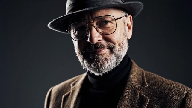 Elegant portrait of a distinguished senior man wearing a fedora, glasses, and a salt-and-pepper beard. His gentle smile conveys wisdom and sophisticated charm