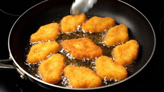 Close-up of golden chicken nuggets frying in hot oil being flipped with tongs.
