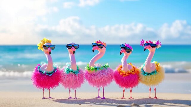 Dancing flamingos wearing sunglasses and flower leis on a tropical beach, enjoying a travel getaway with exotic ocean waves, a paradise holiday atmosphere, and festive events.
