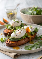 Poached eggs with creamy yolks on sweet potato toast and fresh salad for healthy gourmet breakfast