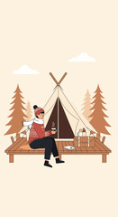 Fototapeta premium Cozy Winter Camping Scene Person Enjoying Hot Drink By Tent Surrounded By Pine Trees