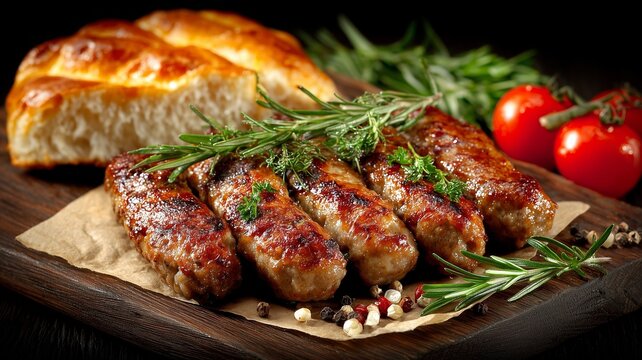 Traditional south european skinless sausages cevapcici made of ground meat and spices on black plate on dark wooden board, with thyme and watercress salad