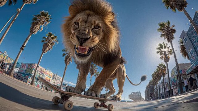 A vibrant urban street scene features a large lion skateboarding downhill, showcasing motion and skill The setting has a casual beachside vibe with palm trees and buildings The lighti - AI-Generated