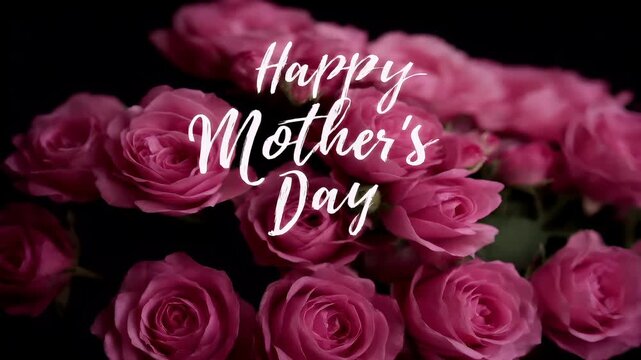 Mothers Day, Valentines Day, love holiday theme. A vibrant display of pink roses with the words Happy Mothers Day written in a cursive font against a dark background.