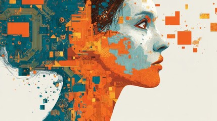 Modern Digital Art Face with Vibrant Orange and Teal Colors
