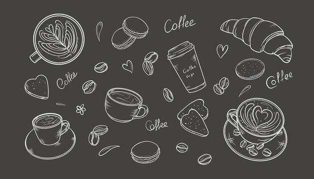 Chalk style coffee and bakery sketches on dark background