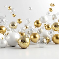 Floating white and gold Christmas baubles on bright festive background