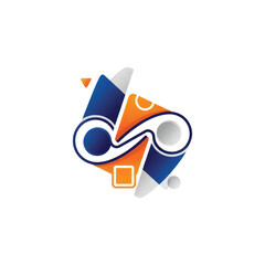 Abstract geometric logo with intertwined blue and orange shapes.