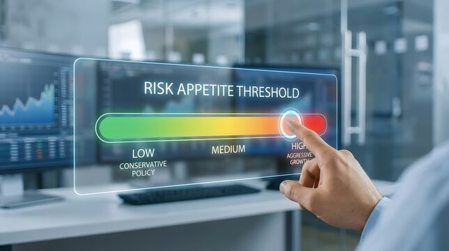 Hand touching a Risk Appetite Threshold on a digital screen, for business concept.