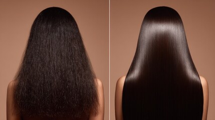 Fototapeta premium Before and After Comparison of Damaged and Smooth Shiny Hair Care Treatment
