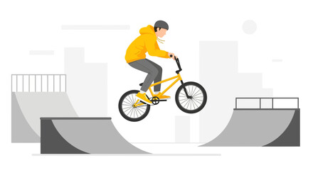 Fototapeta premium Dynamic BMX Rider Airborne Over Skatepark Ramps