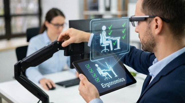 A office worker with ergonomics monitor for workplace health and productivity.