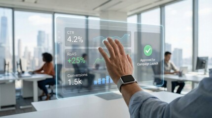 A modern office with people working and a person interacting with an augmented reality interface for the concept of technology and business.