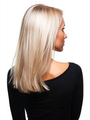 Naklejka premium Back View of Blonde Woman with Straight Shiny Hair on White Background