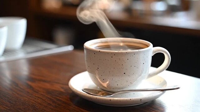 Steaming hot coffee cup on a rustic wooden table with a blurred background, providing warmth and comfort.