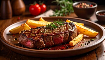 Filete de ternera a la parrilla con patatas y hierbas arom&aacute;ticas servido en plato elegante, concepto de gastronom&iacute;a gourmet