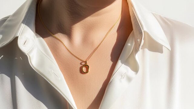 A close-up view of an elegant gold chain necklace with a minimalist 'O' shaped pendant resting on a person's collarbone, wearing a crisp white shirt, symbolizing refined style and modern luxury.