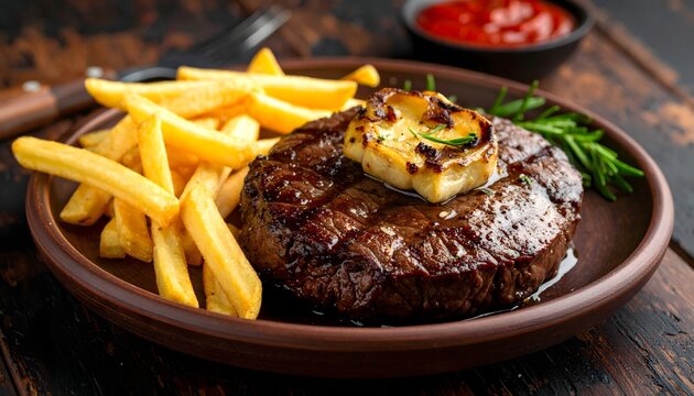 Filete de ternera a la parrilla con mantequilla y patatas fritas servido en plato r&uacute;stico, concepto de cocina gourmet