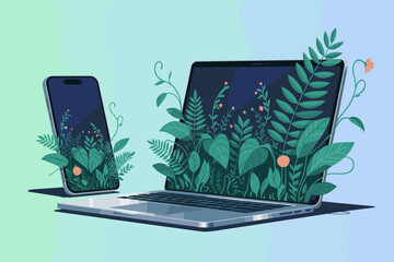 Modern laptop and smartphone displaying vibrant green plants and flowers illustration symbolizing growth and nature connection eco friendly technology concept for environmental awareness campaigns dig