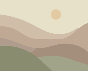 Abstract minimalist landscape painting of rolling hills at sunset with sun illustration in muted color palette aesthetic for contemporary art prints modern home decor product backgrounds and nature in