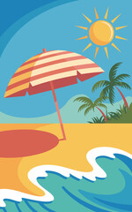 Vibrant summer beach scene with striped umbrella and palm trees illustration sunny day tropical vacation destination getaway colorful ocean waves sandy shore coastal paradise travel tourism leisure re