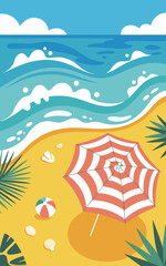 Vibrant beach umbrella on sunny tropical beach with blue ocean waves summer vacation background seaside paradise scene with beachball shells palm trees for travel tourism advertising marketing promoti