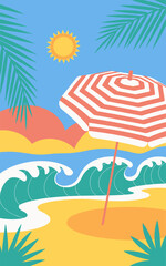 Vibrant beach scene with striped umbrella enjoying sunny day ocean waves palm trees in colorful summer coastal landscape illustration perfect for travel tourism vacation advertising and tropical seasi