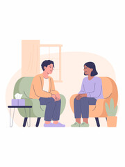 Friendly diverse man and woman sitting in chairs having conversation in cozy room illustration therapeutic support concept for mental health awareness advertising campaign psychology and counseling se
