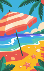 Vibrant Beach Scene with Striped Umbrella Illustration on Sandy Shoreline Tropical Vacation Getaway Concept Summer Holiday Relaxation Coastline Graphic Design for Tourism Marketing Advertising Travel