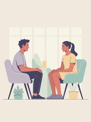 Diverse young man and woman in casual outfits having conversation in modern office space professional consultation concept employee communication for business meetings and human resources recruitment