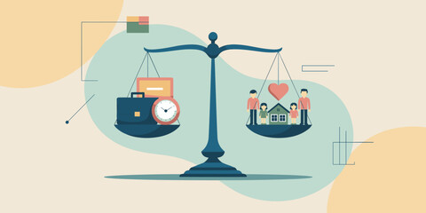 Balancing work and family life business briefcase and clock versus house family love on scale professional vector illustration for financial planning investment strategy family wellbeing work life bal