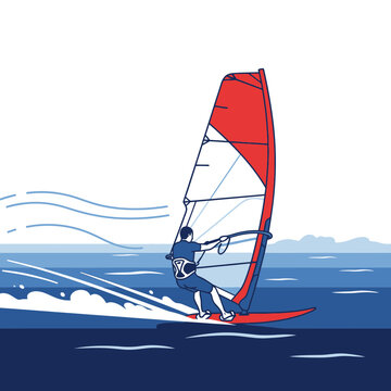 Dynamic Windsurfer Catching Waves On A Sunny Day For Extreme Sports