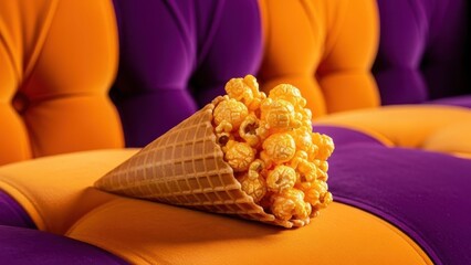 Fototapeta premium Ice cream waffle cone filled with golden caramel popcorn on purple and orange tufted sofa
