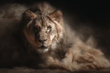 A majestic lion emerges from a cloud of dust, its intense gaze fixed forward in a powerful and dramatic pose.