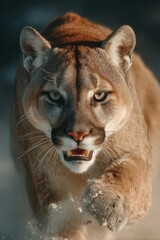 Obraz premium A majestic cougar in motion, captured with intense focus and natural lighting, showcasing its powerful presence in the wild.