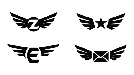 Four black winged emblems with letter Z star letter E and envelope