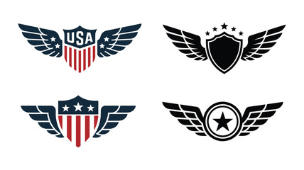 Four winged shield emblems with stars and stripes wings