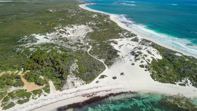Jurien Bay's Sandy Cape Reserve from above: a serene escape with turquoise waters and sandy shores