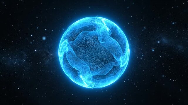 Abstract glowing blue digital sphere or brain with particles floating in a dark cosmic space with twinkling stars