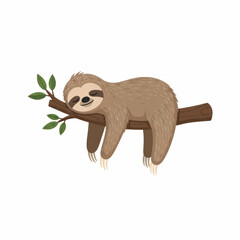 Obraz premium Cartoon Sloth Clinging to a Branch in a Tropical Rainforest, Calm and Cute Illustration.